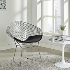 Dining Armchair, Black Faux Leather, Chrome Metal Legs, Wire Mesh Back