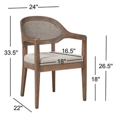 Dining Armchair, Solid Oak Frame with Cane Panel in Taupe Beige