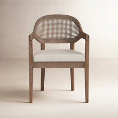 Dining Armchair, Solid Oak Frame with Cane Panel in Taupe Beige