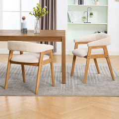 Dining Armchairs, Set of 2, Beige Linen Upholstery, Brown Solid Wood Frame
