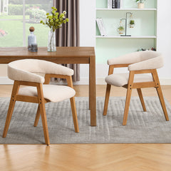 Dining Armchairs, Set of 2, Beige Linen Upholstery, Brown Solid Wood Frame