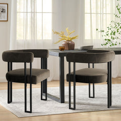 Dining Armchairs, Set of 2, Brown Velvet with Black Metal Legs