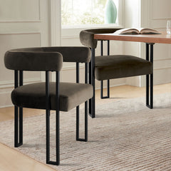 Dining Armchairs, Set of 2, Brown Velvet with Black Metal Legs