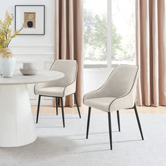 Dining Armchairs, Set of 2, Cream Polyester Fabric, Black Metal Legs