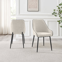 Dining Armchairs, Set of 2, Cream Polyester Fabric, Black Metal Legs