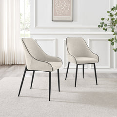 Dining Armchairs, Set of 2, Cream Polyester Fabric, Black Metal Legs