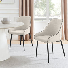 Dining Armchairs, Set of 2, Cream Polyester Fabric, Black Metal Legs