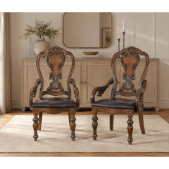 Dining Armchairs, Set of 2, Dark Oak, Brown Faux Leather