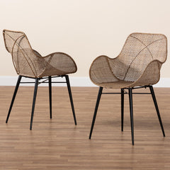 Dining Armchairs, Set of 2, Rattan with Black Metal Legs