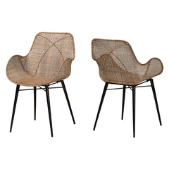 Dining Armchairs, Set of 2, Rattan with Black Metal Legs