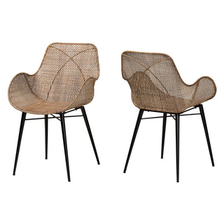 Dining Armchairs, Set of 2, Rattan with Black Metal Legs