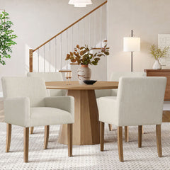Dining Armchairs, Set of 4, Beige Linen with Natural Wood Legs