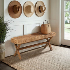 Dining Bench, 45 in Wide, Brown Water Hyacinth with Mahogany Legs