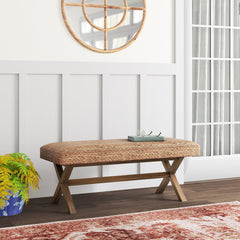 Dining Bench, 45 in Wide, Brown Water Hyacinth with Mahogany Legs