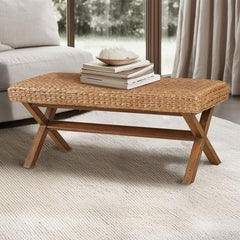 Dining Bench, 45 in Wide, Brown Water Hyacinth with Mahogany Legs