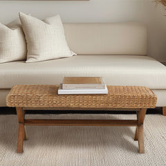 Dining Bench, 45 in Wide, Brown Water Hyacinth with Mahogany Legs