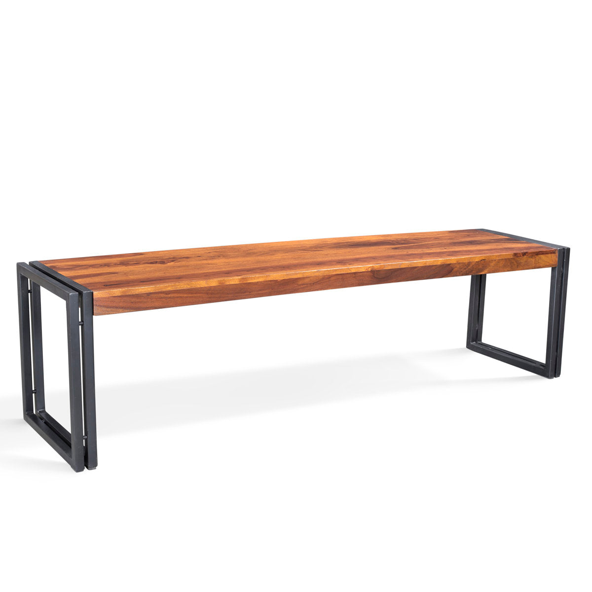 Dining Bench, 50 Inch Solid Sheesham Wood in Honey Walnut with Metal Legs