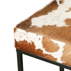Dining Bench, 54 in W, Brown Cowhide Leather Seat with Iron Base