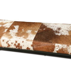 Dining Bench, 54 in W, Brown Cowhide Leather Seat with Iron Base