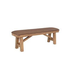 Dining Bench, 58 in Solid Wood in Distressed Brown with Vinyl Seat