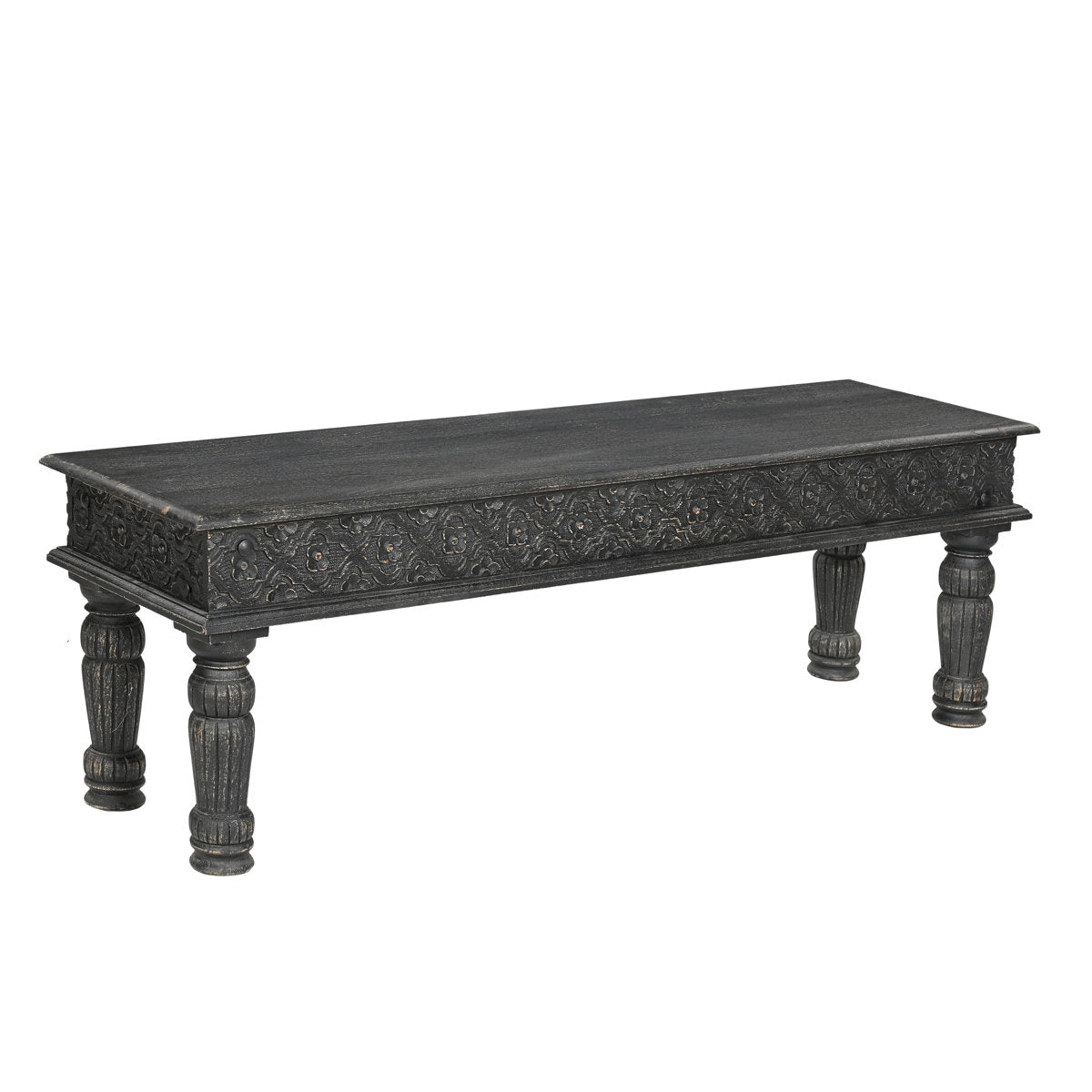 Dining Bench, 58 Inches Wide, Black Solid Mango Wood with Distressed Finish