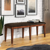 Dining Bench, 60 in Wide, Brown Wood with Dark Brown Seat