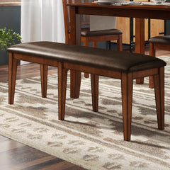 Dining Bench, 60 in Wide, Brown Wood with Dark Brown Seat
