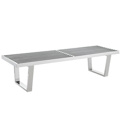Dining Bench, 60 Inch Wide, Stainless Steel Metal with Squared Legs