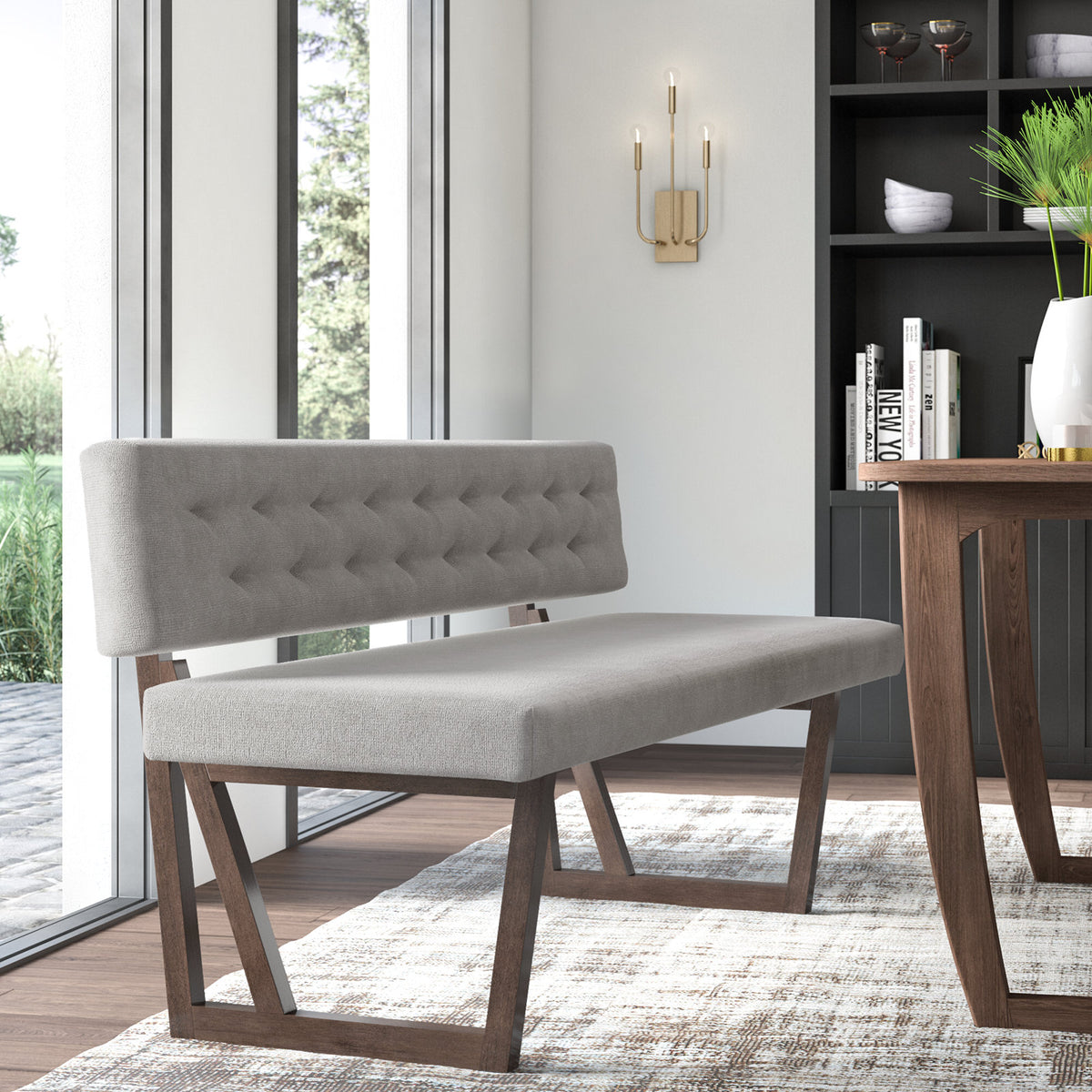 Dining Bench, 62.5 in Wide, Light Gray Polyester with Solid Wood Legs