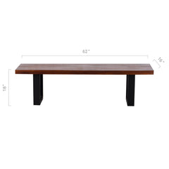 Dining Bench, 62 In Solid Mango Wood with Iron Sled Legs, Brown