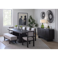 Dining Bench, 64 Inch Oak with Beige Fabric Seat, Coffee Bean