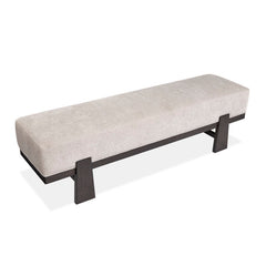 Dining Bench, 64 Inch Oak with Beige Fabric Seat, Coffee Bean