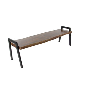 Dining Bench, 71.5 In Wide, Brown Solid Wood with Metal Legs