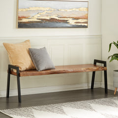 Dining Bench, 71.5 In Wide, Brown Solid Wood with Metal Legs