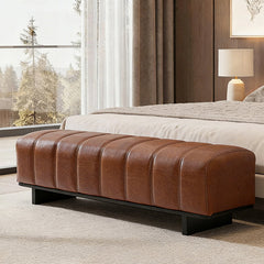 Dining Bench, Brown Channel-Tufted Upholstery with Black Rubberwood Legs