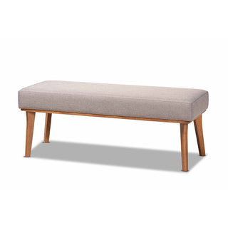 Dining Bench, Gray Upholstered Seat with Walnut Brown Wood Legs