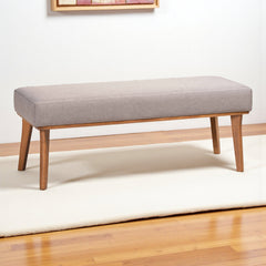 Dining Bench, Gray Upholstered Seat with Walnut Brown Wood Legs