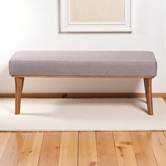 Dining Bench, Gray Upholstered Seat with Walnut Brown Wood Legs