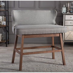 Dining Bench, Gray Upholstered with Solid Wood Legs