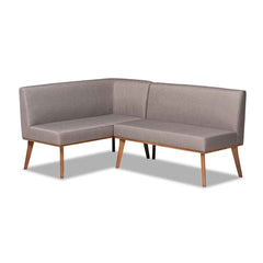 Dining Bench, Gray Upholstered with Walnut Brown Wood Legs