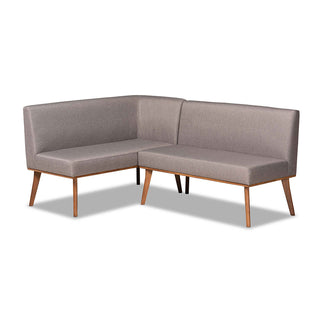 Dining Bench, Gray Upholstered with Walnut Brown Wood Legs