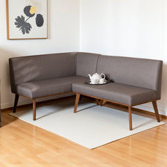Dining Bench, Gray Upholstered with Walnut Brown Wood Legs