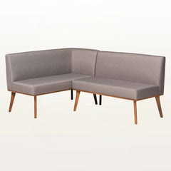 Dining Bench, Gray Upholstered with Walnut Brown Wood Legs