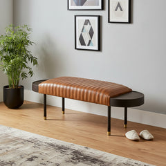 Dining Bench in Brown Faux Leather with Solid Wood Legs