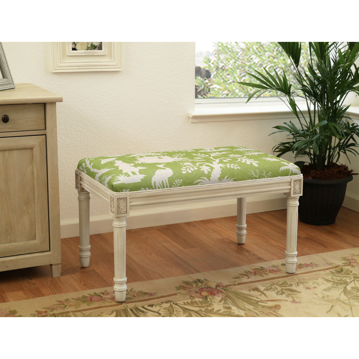 Dining Bench in Chartreuse Green Floral Linen Blend with Solid Wood Legs