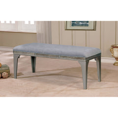 Dining Bench in Gray Upholstery with Button Tufting and Mirror Inserts