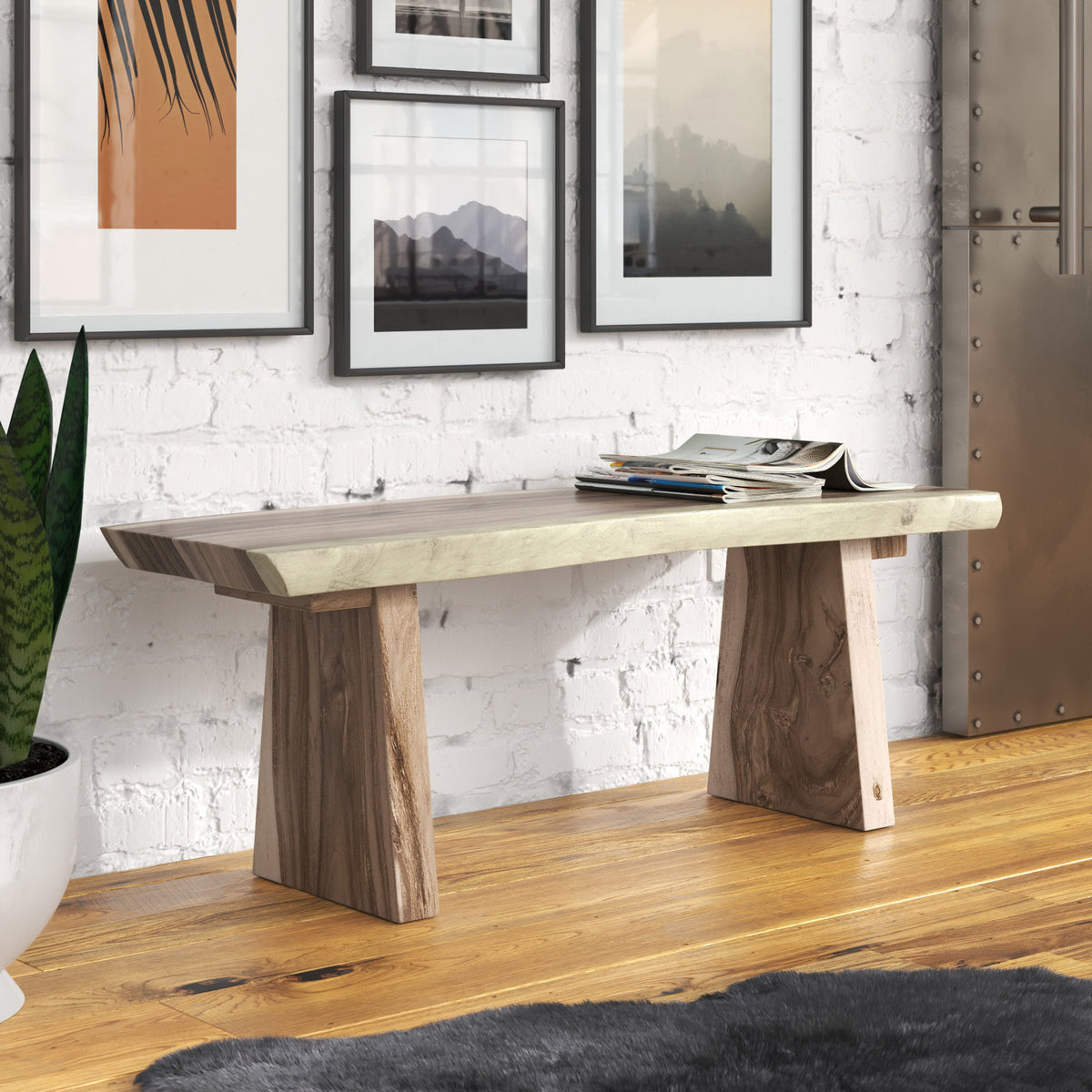 Dining Bench in Solid Acacia Wood with Live Edge Top, Gray
