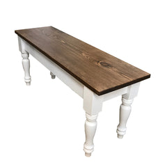 Dining Bench in Solid Pine with Turned Legs, True White and Brown