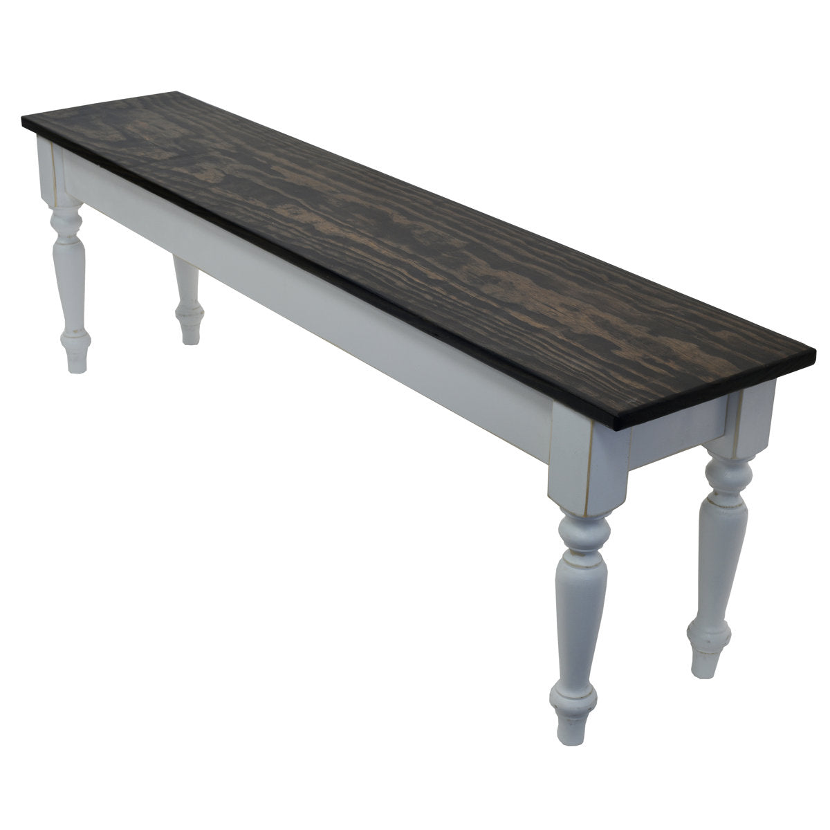 Dining Bench in Solid Wood, Dark Walnut Top with Distressed White Legs