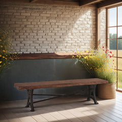 Dining Bench, Live Edge Acacia Wood with Cast Iron Legs, Brown